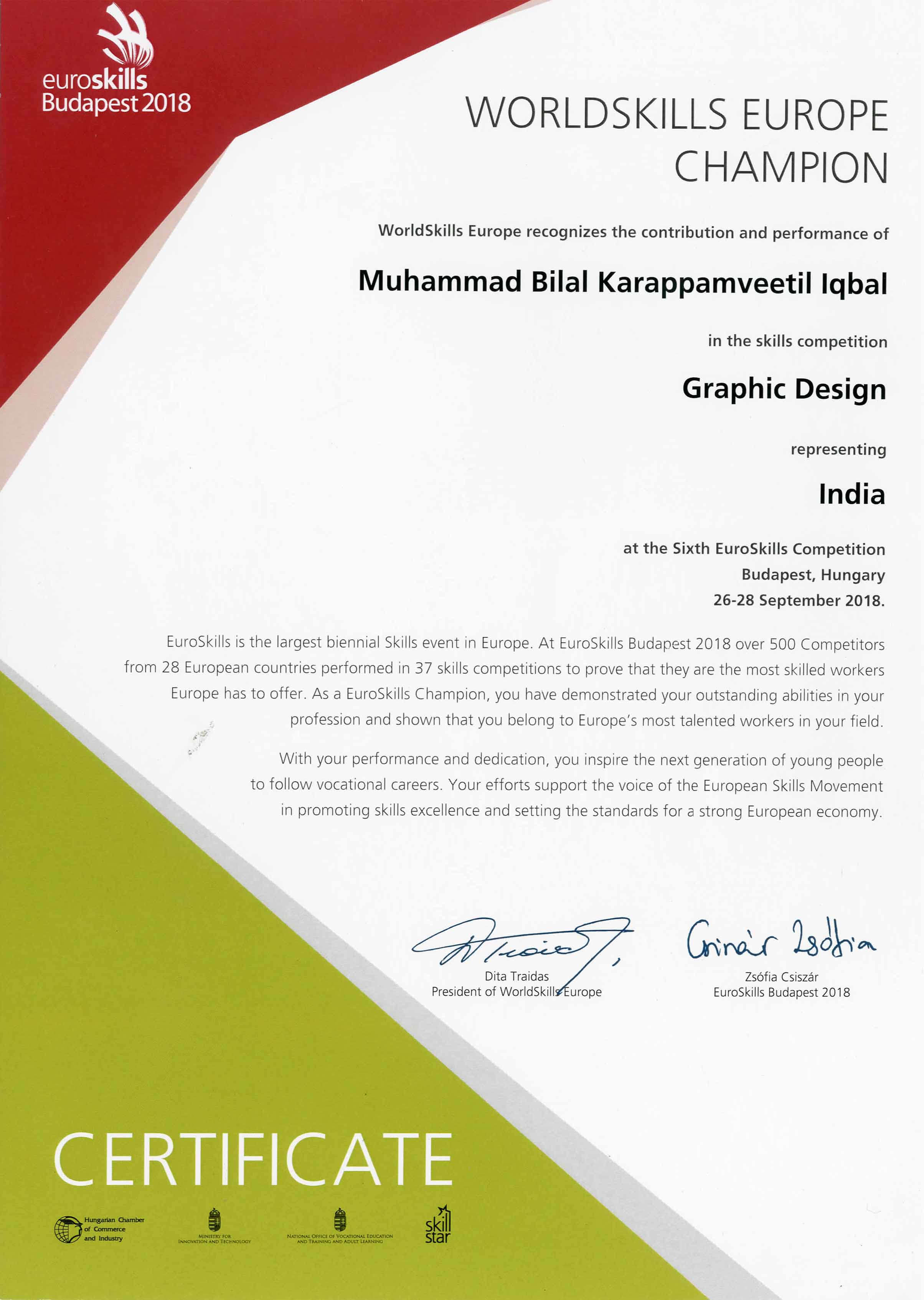 IndiaSkills National Competition 2018  & Euroskills 2018 - Medallion of Excellence Award to Muhammad Bilal - B.Sc. Animation